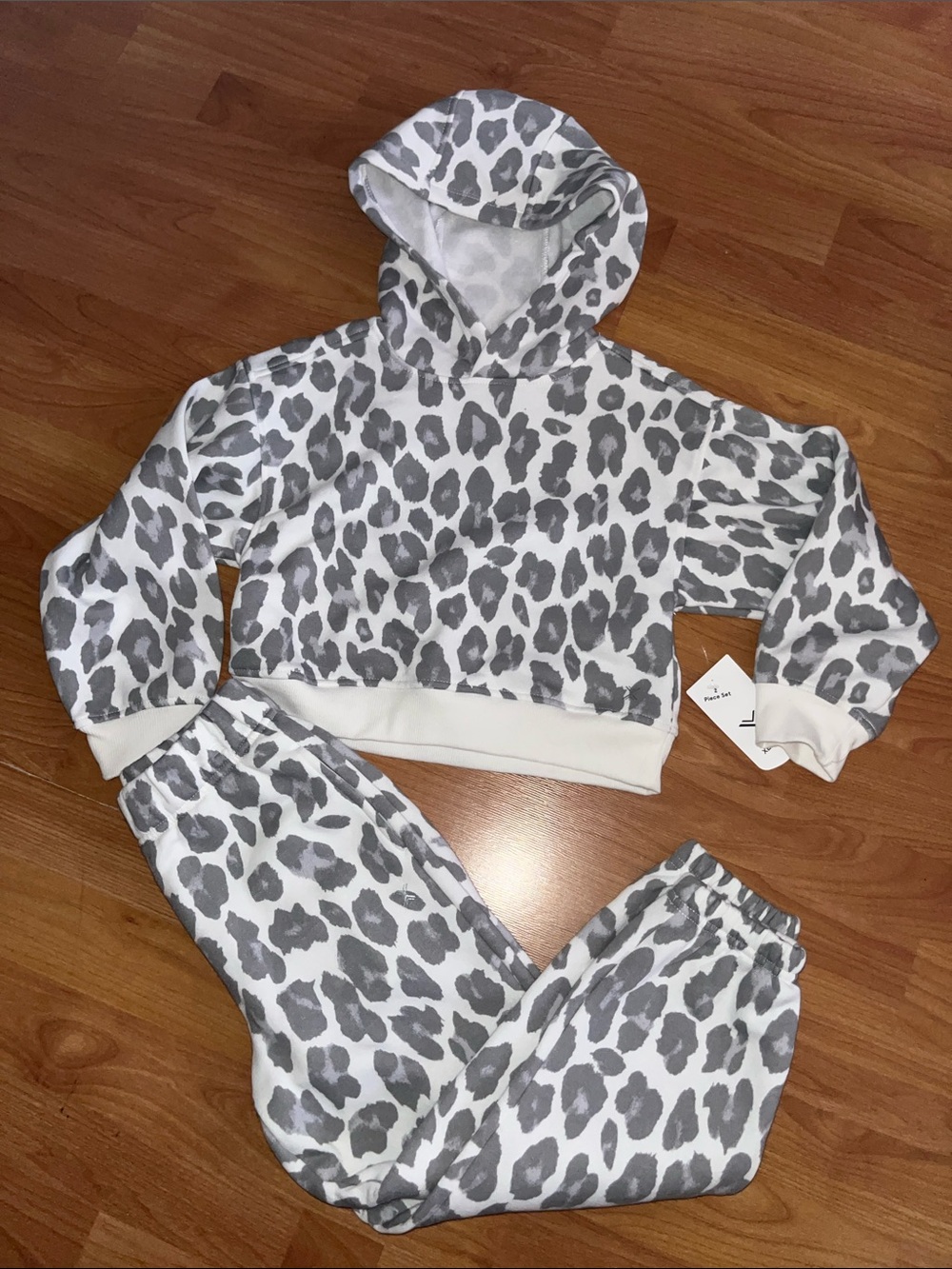 Xersion White and Gray Leopard Print Kids Hoodie & Jogger Set
